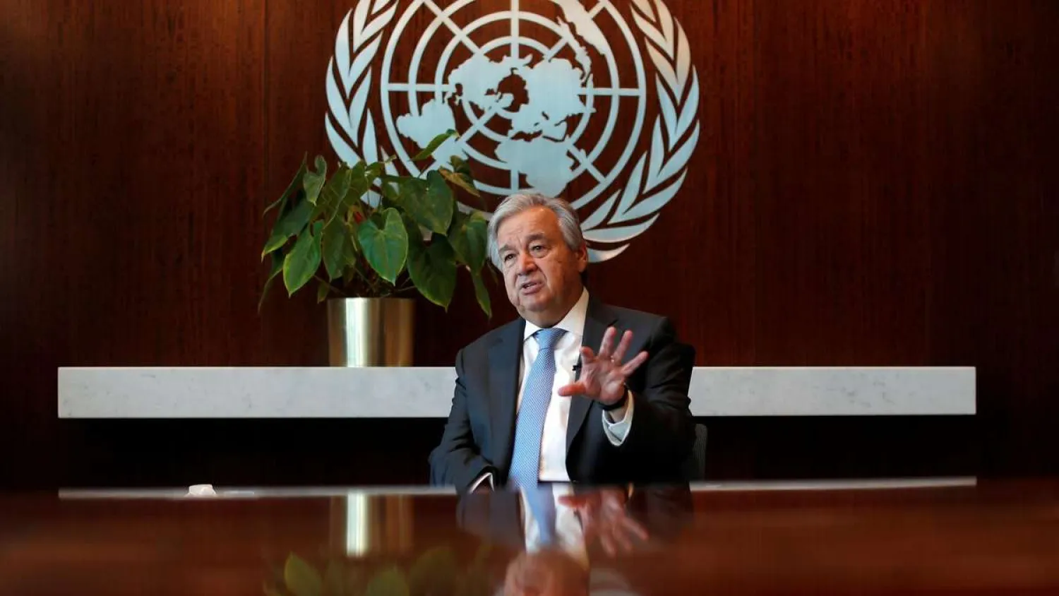 United Nations Secretary-General Antonio Guterres speaks during an interview with Reuters at UN headquarters in New York City, New York, US, September 14, 2020. (Reuters)