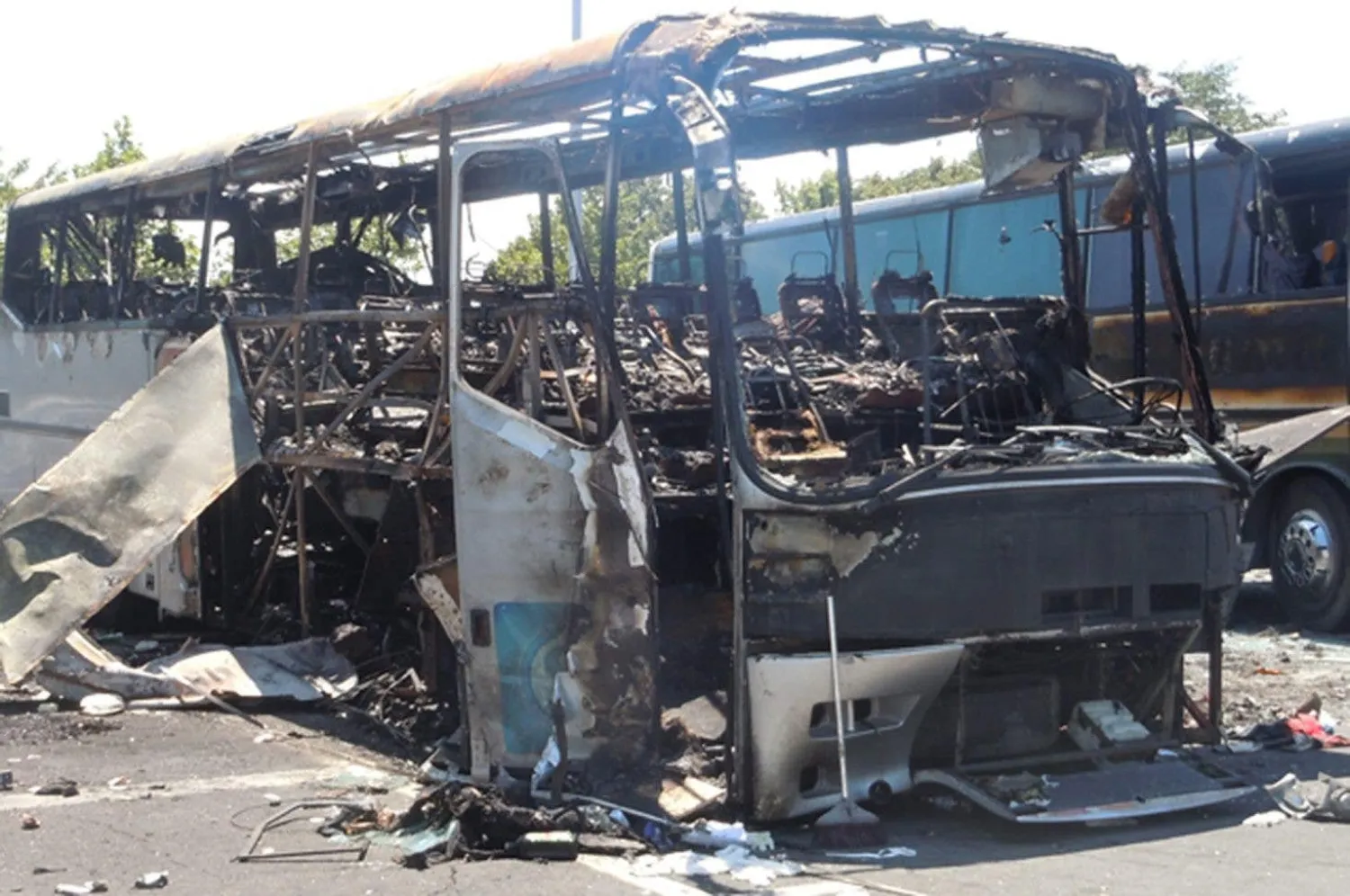 The destroyed tourist bus at Bulgaria's Burgas airport. Reuters file photo