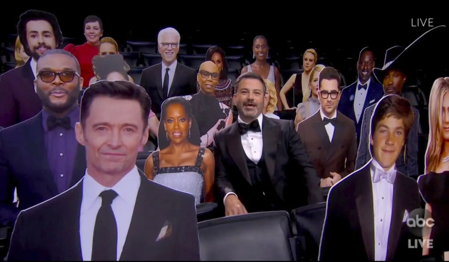 In this video grab captured on Sept. 20, 2020, courtesy of the Academy of Television Arts & Sciences and ABC Entertainment, host Jimmy Kimmel speaks surrounded by cardboard cutouts of actors in the audience during the 72nd Emmy Awards broadcast. (AP)