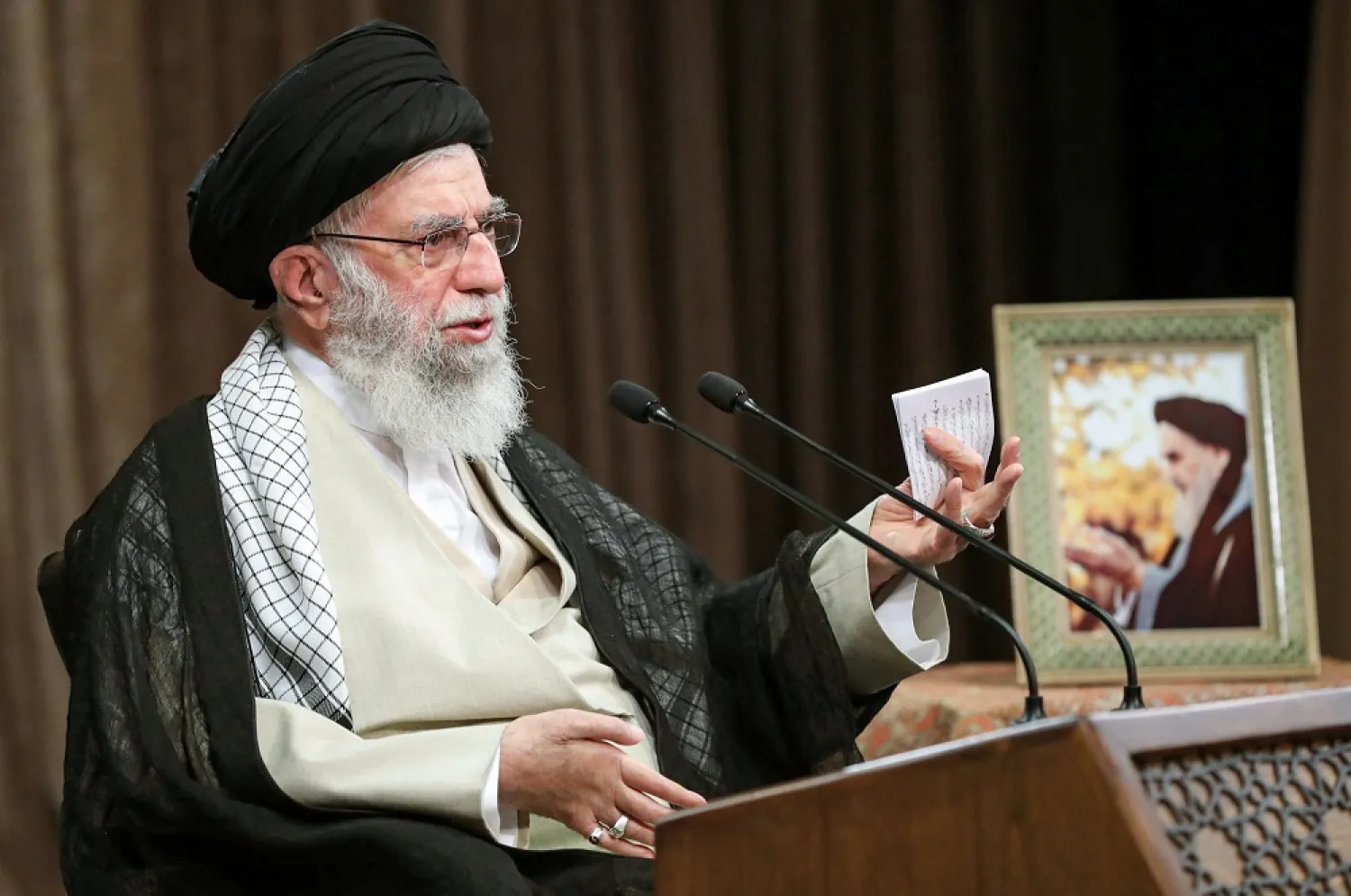 Iran's Supreme Leader Ali Khamenei gives a speech in the capital Tehran as the country marks the start of the ‘Sacred Defense Week’. (AFP)