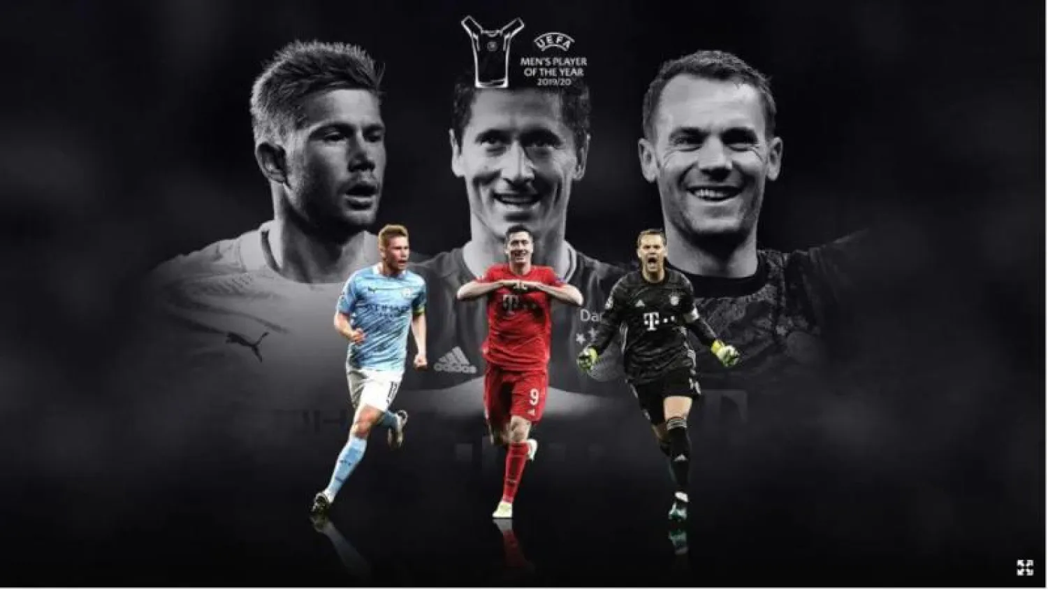 من اليسار كيفن دي بروين نجم مانشستر سيتي الإنجليزي والهداف روبرت ليفاندوفسكي وحارس المرمى المخضرم مانويل نوير (الموقع الرسمي لـ«يويفا»)