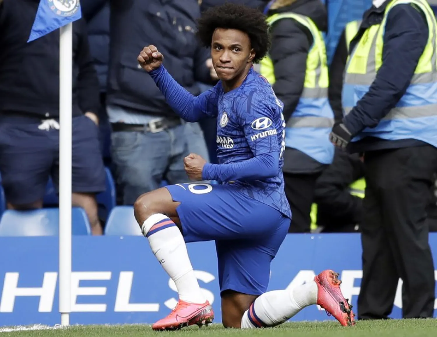 FILE - In this Sunday, March 8, 2020 file photo, Chelsea's Willian celebrates after scoring a goal during their English Premier League soccer match against Everton at Stamford Bridge stadium in London. (AP Photo/Matt Dunham, file)
