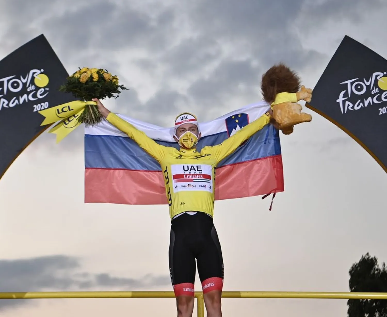 Tour de France champion Tadej Pogacar’s yellow jersey was sold for charity auction organized by Slovenia’s national public radio. (Getty Images)
