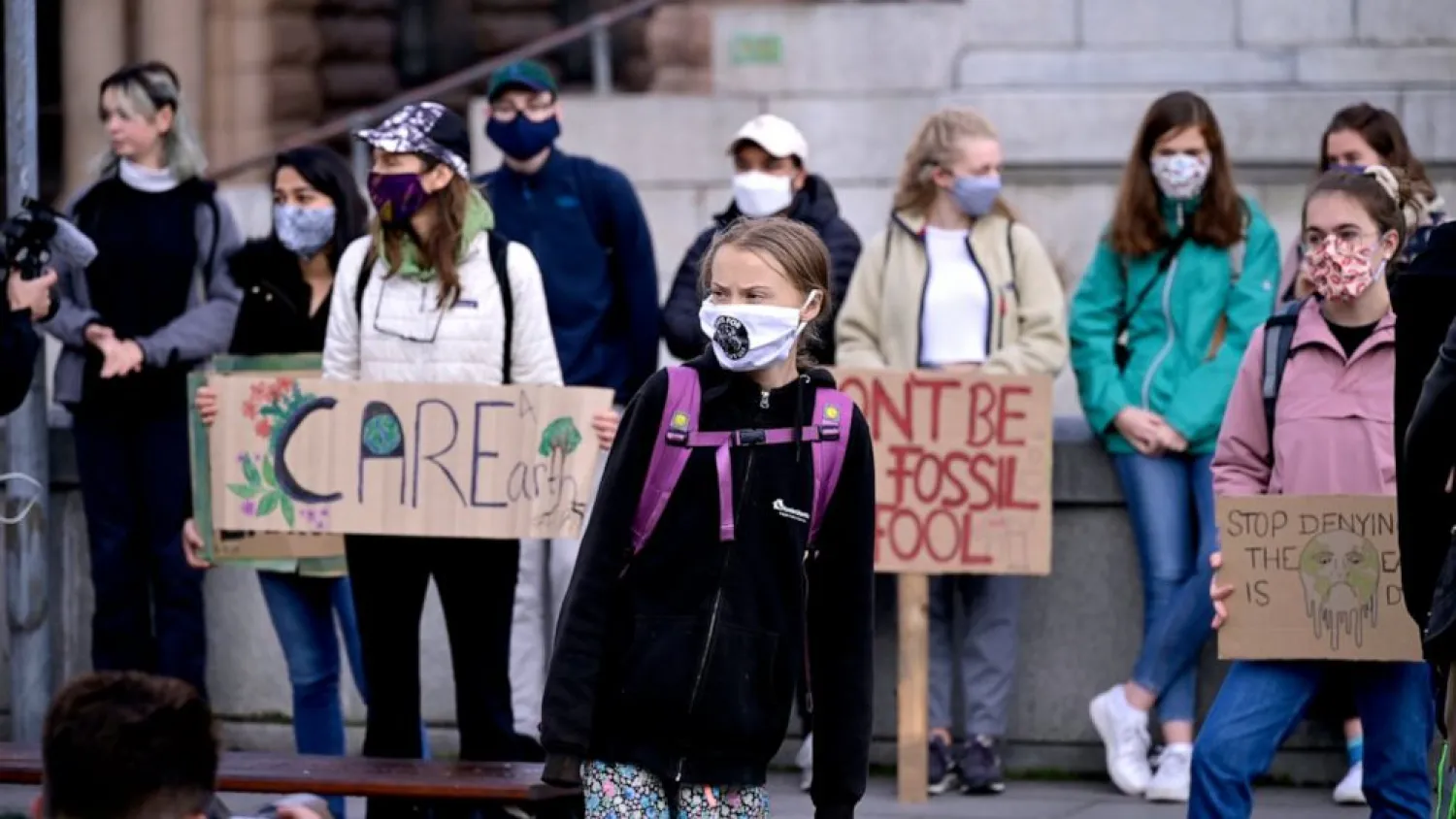 Swedish climate activist Greta Thunberg and others protest in front of the Swedish Parliament Riksdagen in Stockholm Friday, Sept. 25, 2020. ( Janerik Henriksson/TT News Agency via AP)
