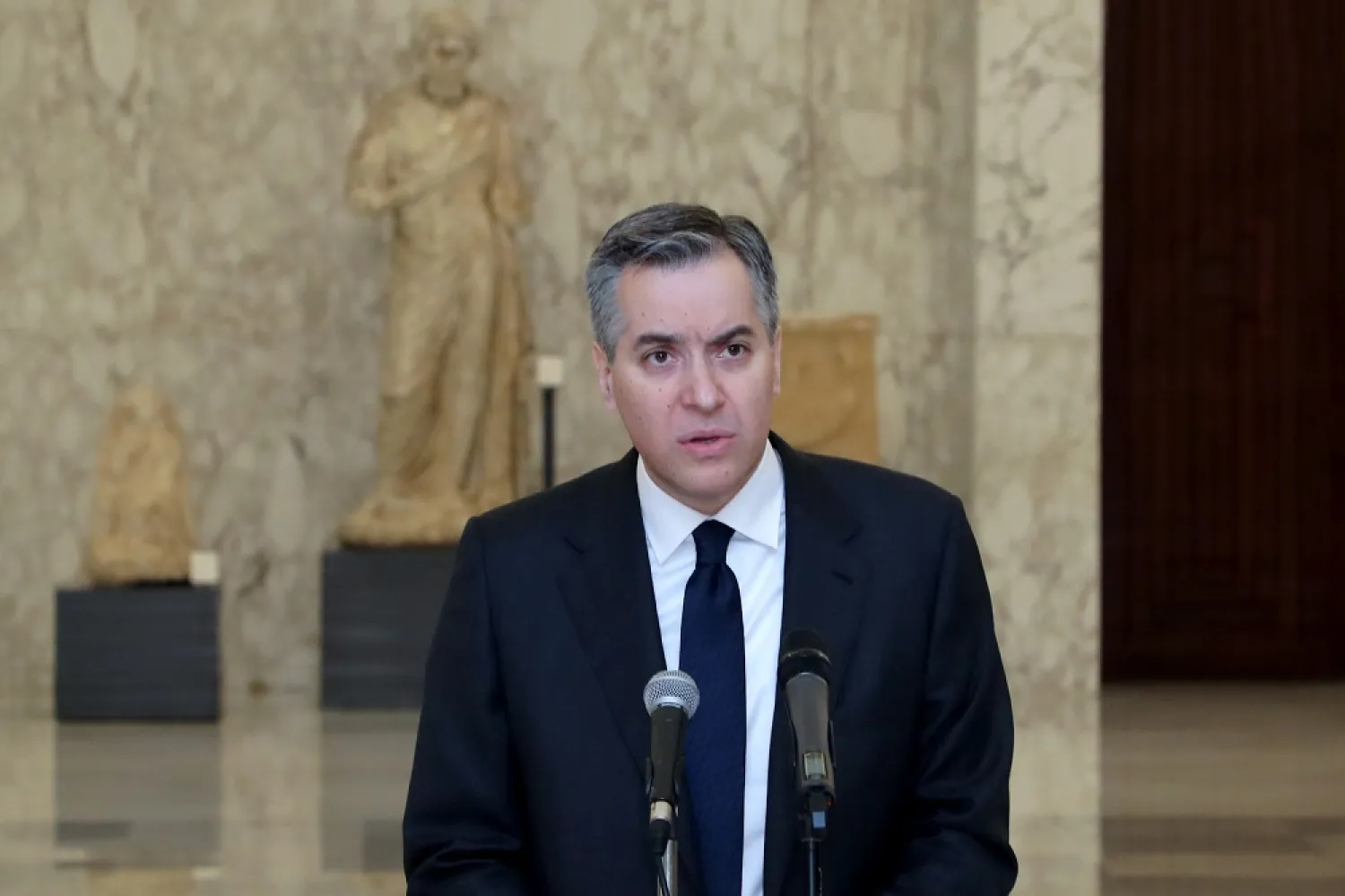 Lebanon's prime-minister-designate Mustapha Adib speaks from the presidential palace on Saturday. (Dalati & Nohra)