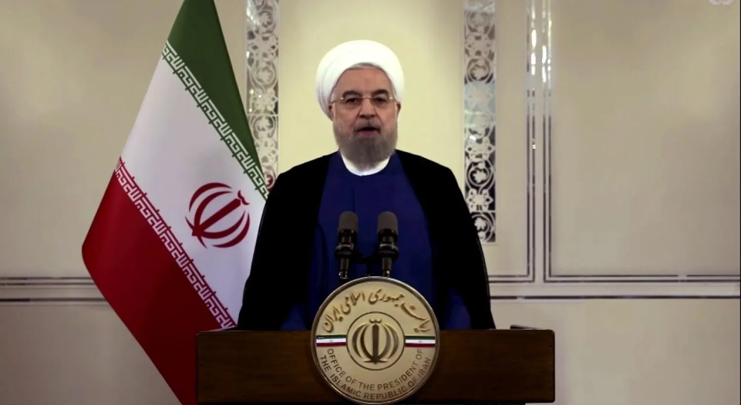 Iranian President Hassan Rouhani speaking in a pre-recorded message played during the 75th session of the United Nations General Assembly, at UN headquarters in New York, September 22, 2020. (UNTV via AP)