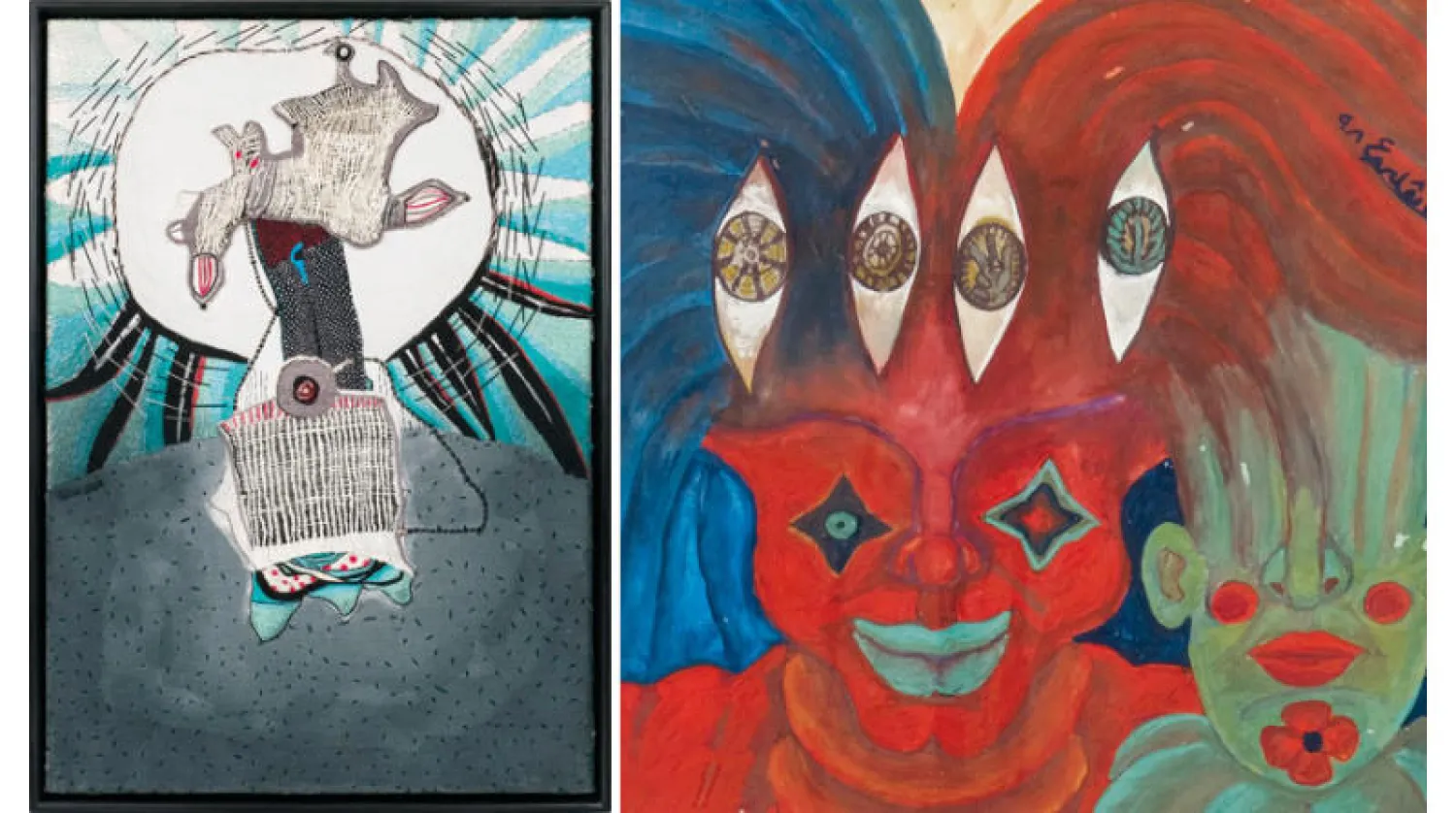 الأسطورة في لوحة للفنانة إيفلين عشم الله  -  التطريز من الوسائط التعبيرية في لوحات الفنانة علياء الجريدي