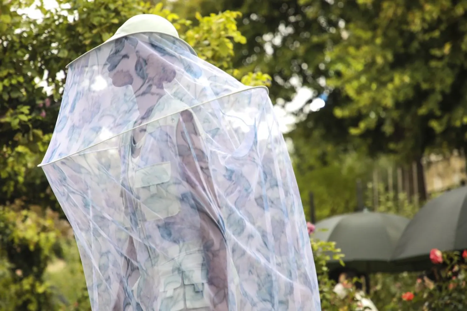 A model wears a creation for the Kenzo Spring-Summer 2021 fashion collection, Sept. 30, 2020, during Paris fashion week. (AP)