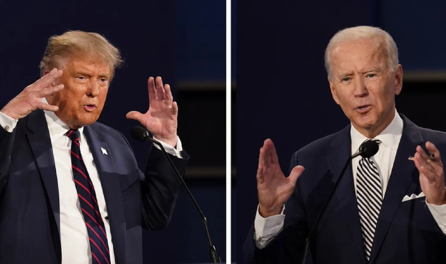 In this combination image of two photos showing both President Donald Trump, left, and former Vice President Joe Biden during the first presidential debate Tuesday, Sept. 29, 2020, at Case Western University and Cleveland Clinic, in Cleveland, Ohio. (AP Photo/Patrick Semansky)