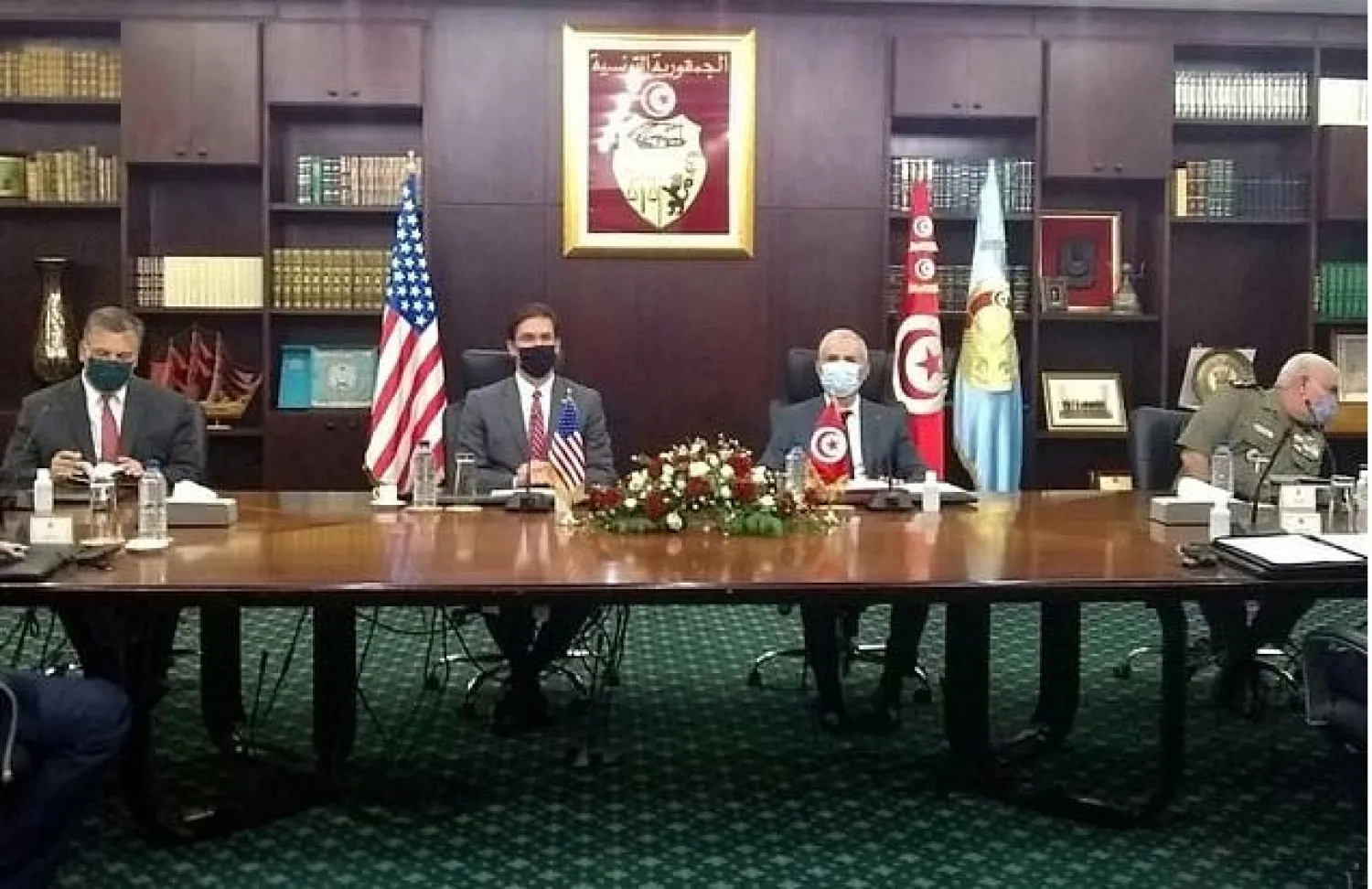 US Secretary of Defense Mark Esper, seated second from the left, meets with his Tunisian counterpart Ibrahim Bartagi, seated to his right, in the capital Tunis. AFP