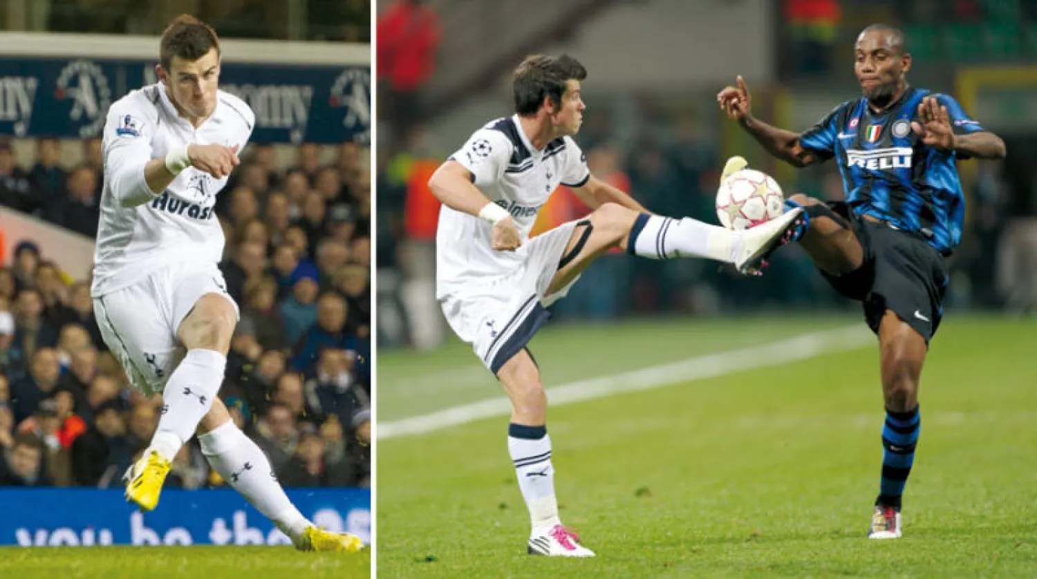 بيل في مواجهة مايكون مدافع إنتر ميلان في دوري أبطال أوروبا في ملعب «وايت هارت لين» عام 2010 (غيتي)  -  بيل يهز شباك ليفربول عام 2012 (أ.ب)