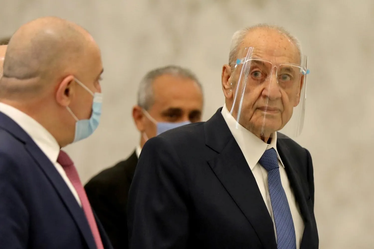 Lebanese parliament Speaker Nabih Berri wears a face shield for meetings at the presidential palace in Baabda, Lebanon, August 31, 2020. (Reuters)