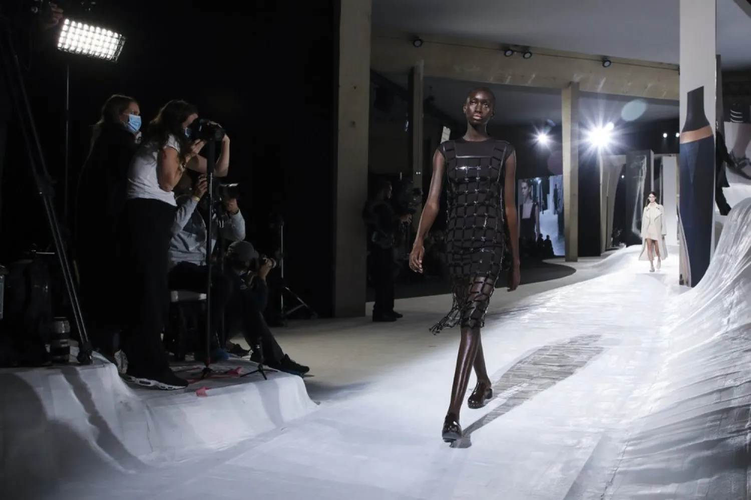 A model wears a creation for the Hermes Spring-Summer 2021 fashion collection, Saturday, Oct. 3, 2020, during Paris fashion week. (AP)