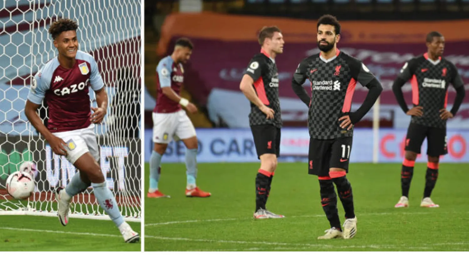 صلاح بين لاعبي ليفربول المصدومين من الهزيمة القاسية أمام فيلا بسبعة أهداف (رويترز)  -  واتكينز سجل ثلاثية من سباعية أستون فيلا (رويترز)