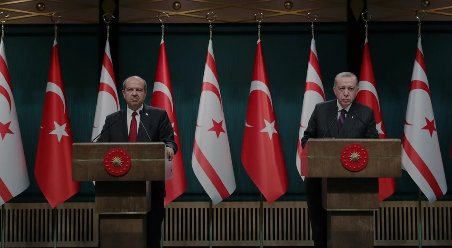 Turkish President Erdogan holds a news conference with Ersin Tatar, prime minister of the breakaway state of Northern Cyprus, in Ankara, Turkey October 6, 2020. (Handout via Reuters)