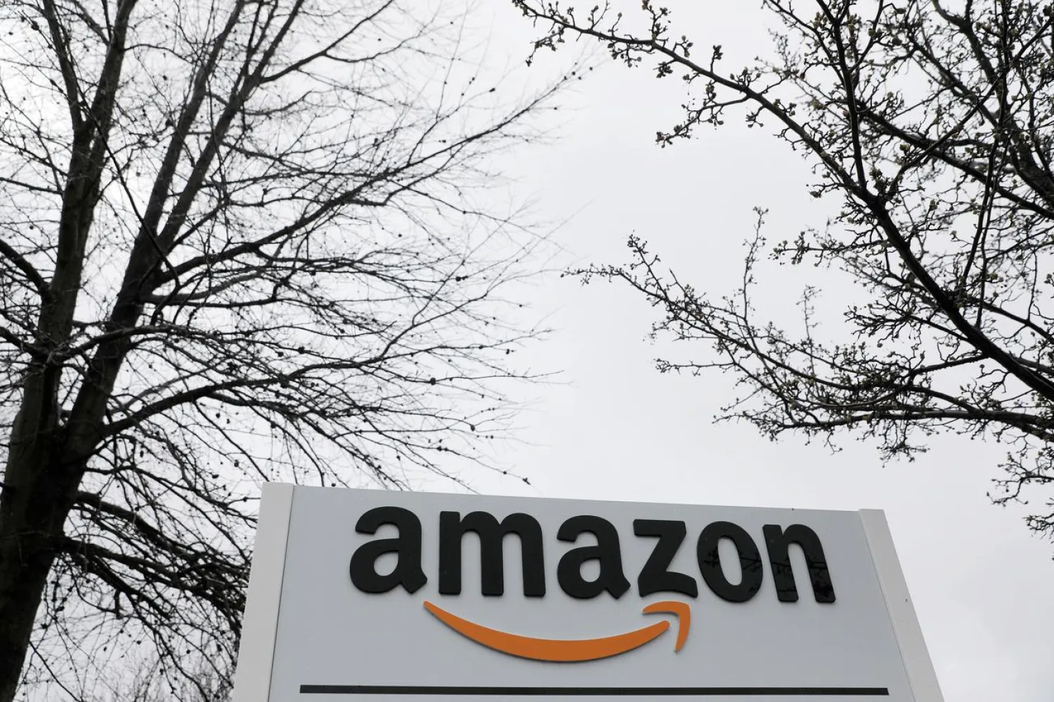FILE PHOTO: Signage is seen at an Amazon facility in Bethpage on Long Island in New York, U.S., March 17, 2020. REUTERS/Andrew Kelly