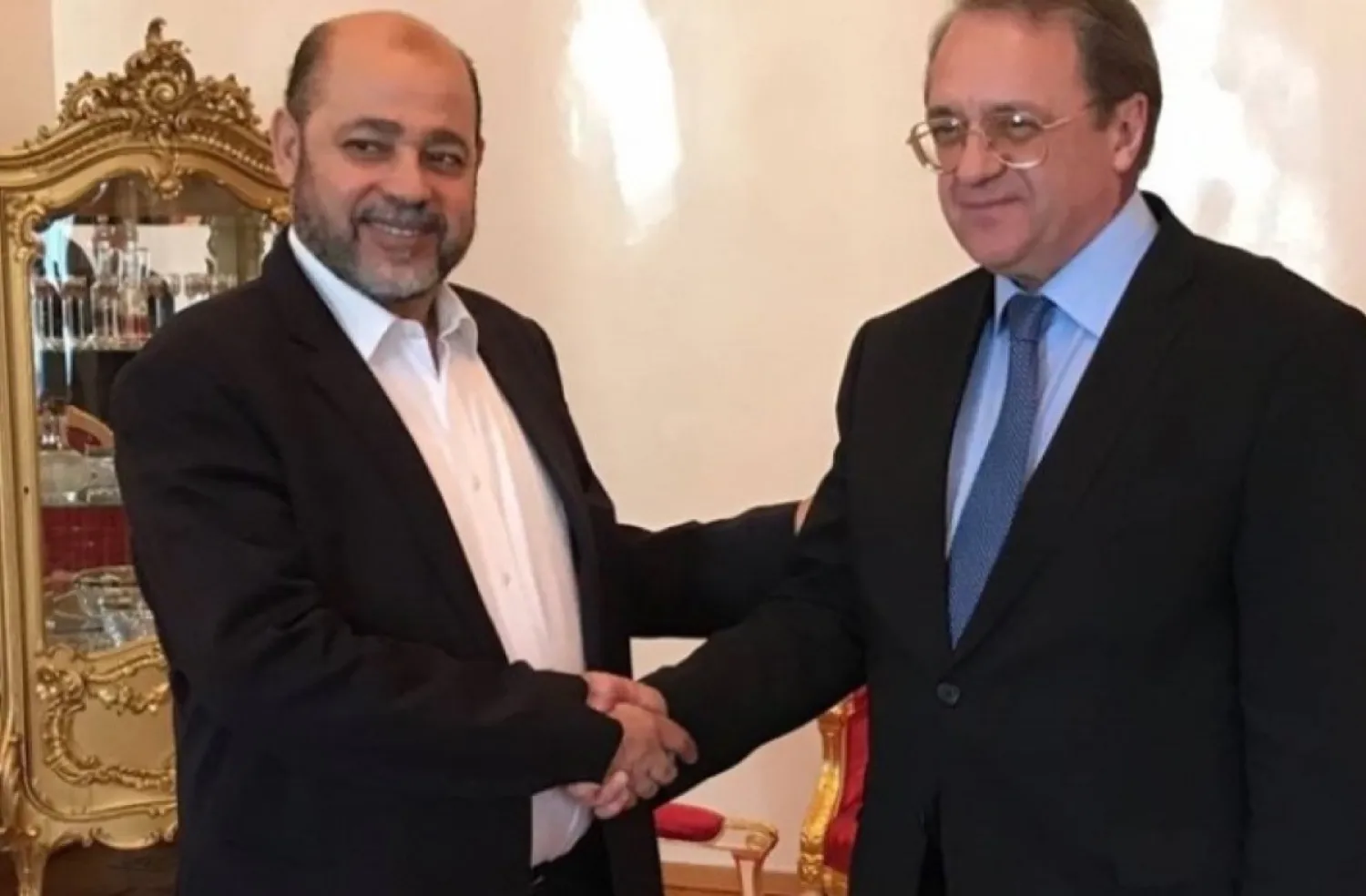 Senior Hamas leader Mousa Abu-Marzouk and Russian Deputy Foreign Minister and Presidential Special Envoy for the Middle East and Africa Mikhail Bogdanov. Shehab Agency