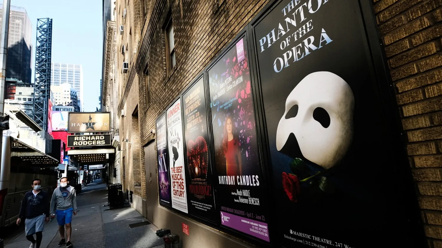 Broadway posters outside the Richard Rogers Theater in New York City, May 13, 2020. (AP)