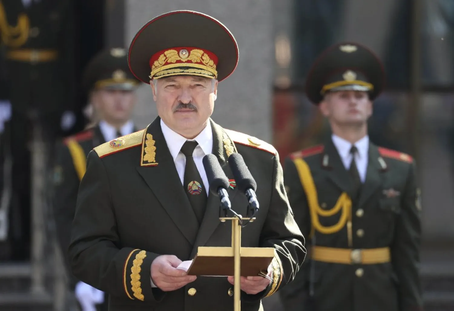Belarusian President Alexander Lukashenko delivers a speech during his inauguration ceremony at the Palace of the Independence in Minsk, Belarus, Sept. 23, 2020. (AP)