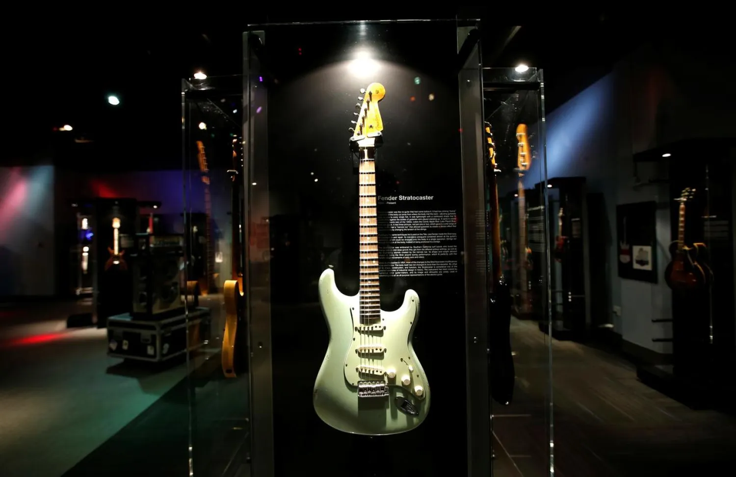 A Fender Stratocaster on display at the National Guitar Museum ‘Guitar: The Instrument That Rocked The World’ at the Liberty Science Center in Jersey City, New Jersey, October 3, 2014. (Reuters)
