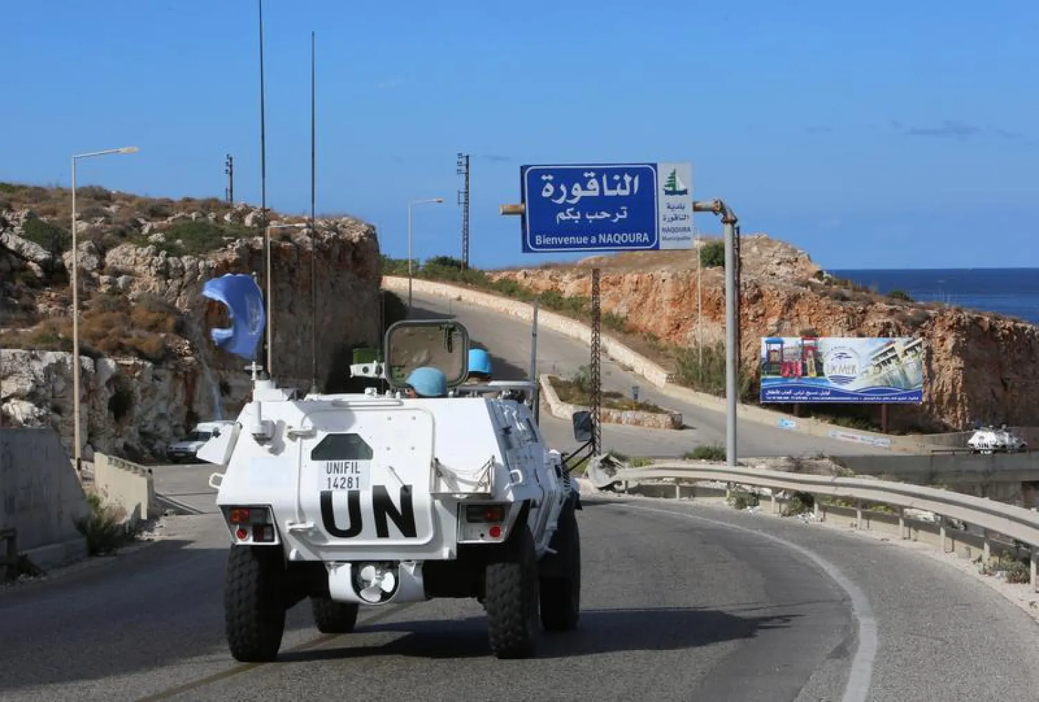 UN peacekeepers (UNIFIL) drive in a vehicle in Naqoura, near the Lebanese-Israeli border, southern Lebanon October 13, 2020. (Reuters)