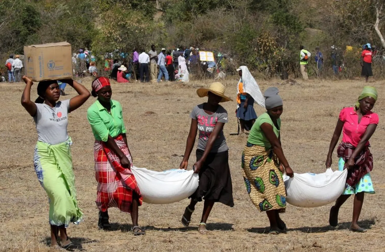 Villagers collect their monthly food aid provided by United Nations World Food Program in Bhayu, Zimbabwe, September 14, 2016. (Reuters)