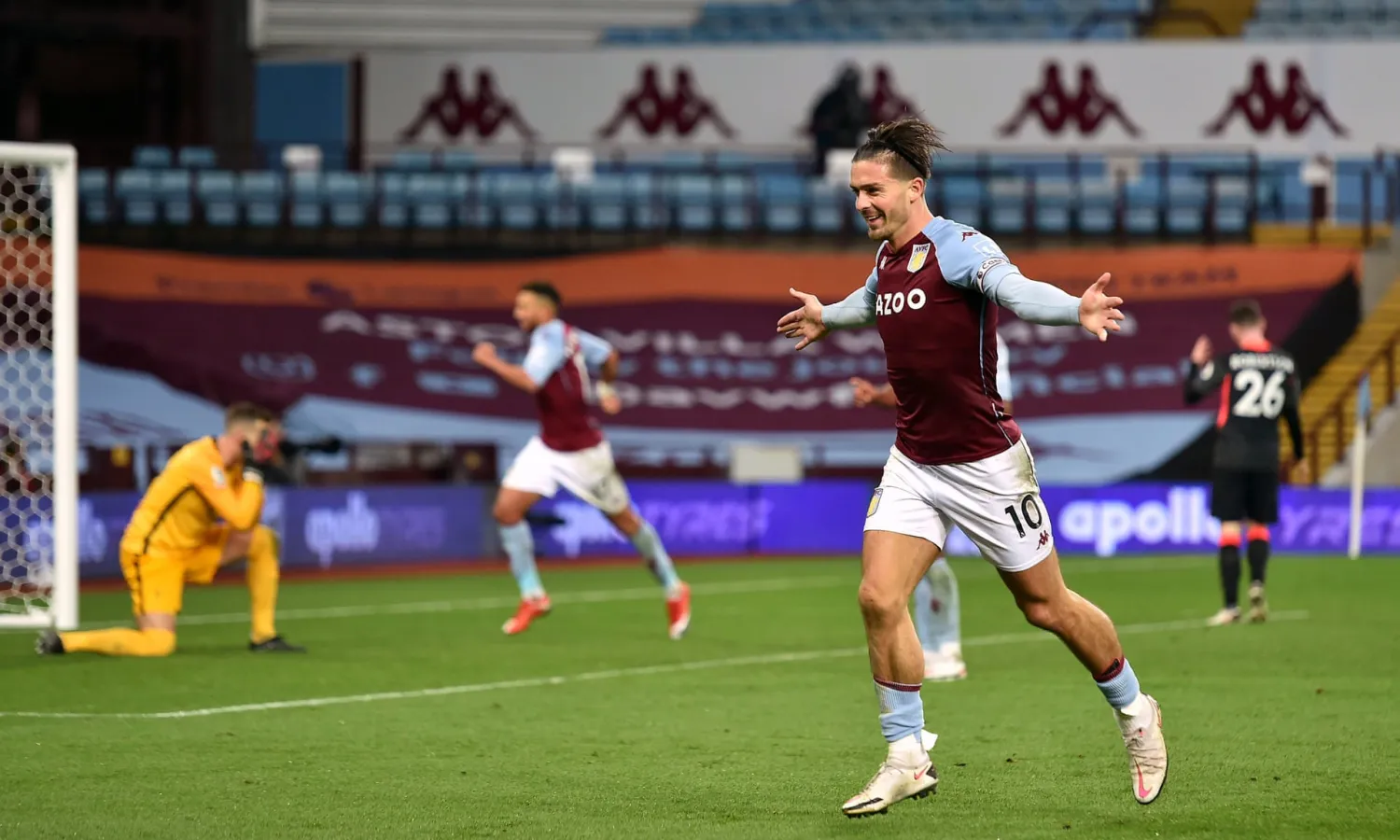Grealish celebrates scoring in Aston Villa’s thrashing of Liverpool.
Photograph: Peter Powell/PA