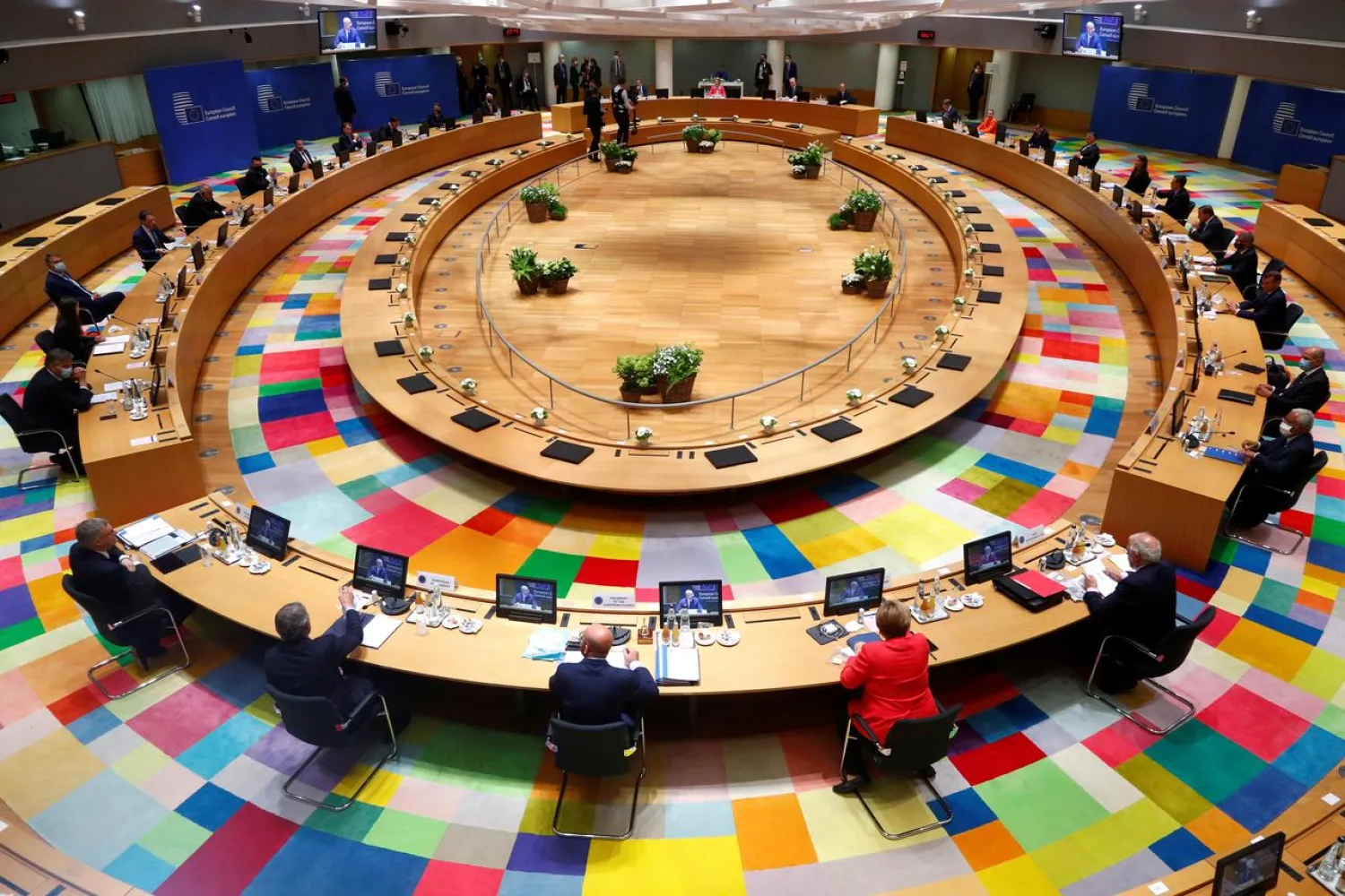 EU leaders take part in the first face-to-face summit since virus outbreak, in Brussels, Belgium July 17, 2020. Reuters 