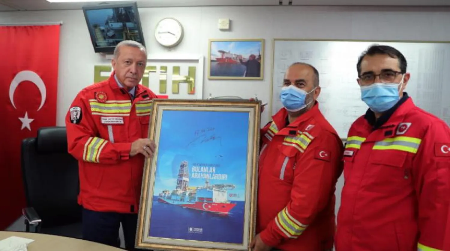 A handout photo made available by the Turkish President Press Office shows Turkish President Recep Tayyip Erdogan (L) visit the Turkish drilling vessel Fatih in Zonguldak, Turkey, 17 October 2020. EPA/TURKISH PRESIDENT PRESS OFFICE HANDOUT