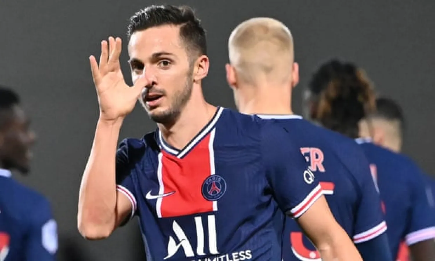  Paris Saint-Germain’s midfielder Pablo Sarabia celebrates his first Ligue 1 goal of the season. Photograph: Pascal Guyot/AFP/Getty Images
