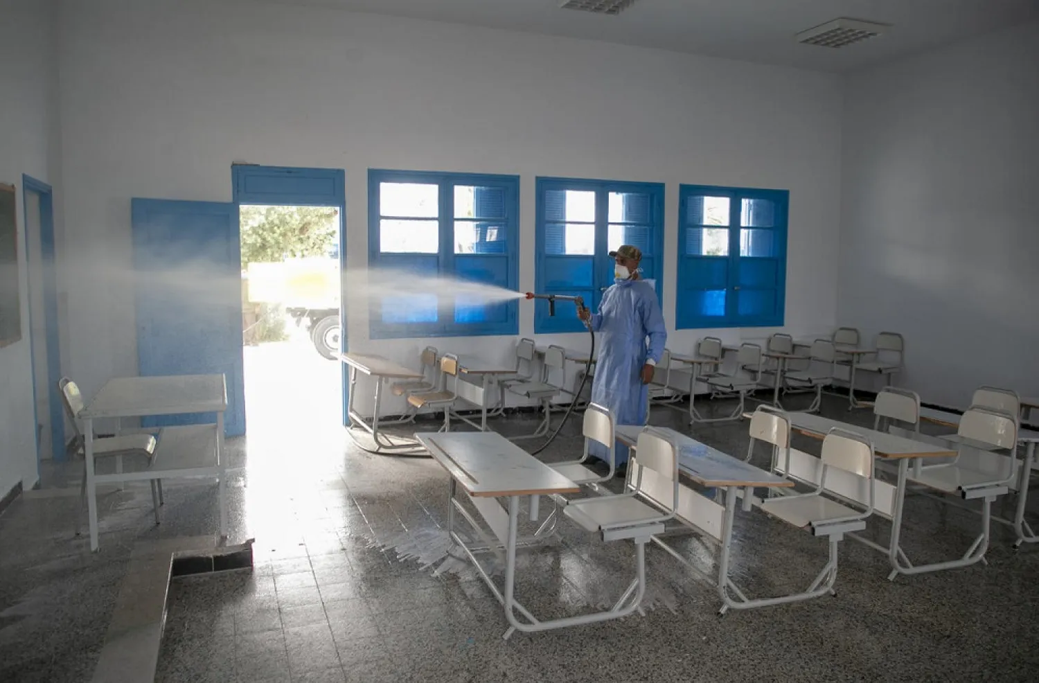 A classroom is disinfected in Sousse, Tunisia on October 5, 2020. (AFP)