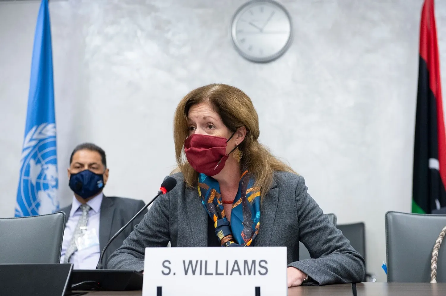 Deputy Special Representative of the UN Secretary-General for Political Affairs in Libya Stephanie Williams during talks between the rival factions in the Libya conflict, on October 19, 2020, in Geneva. (UN via AFP)