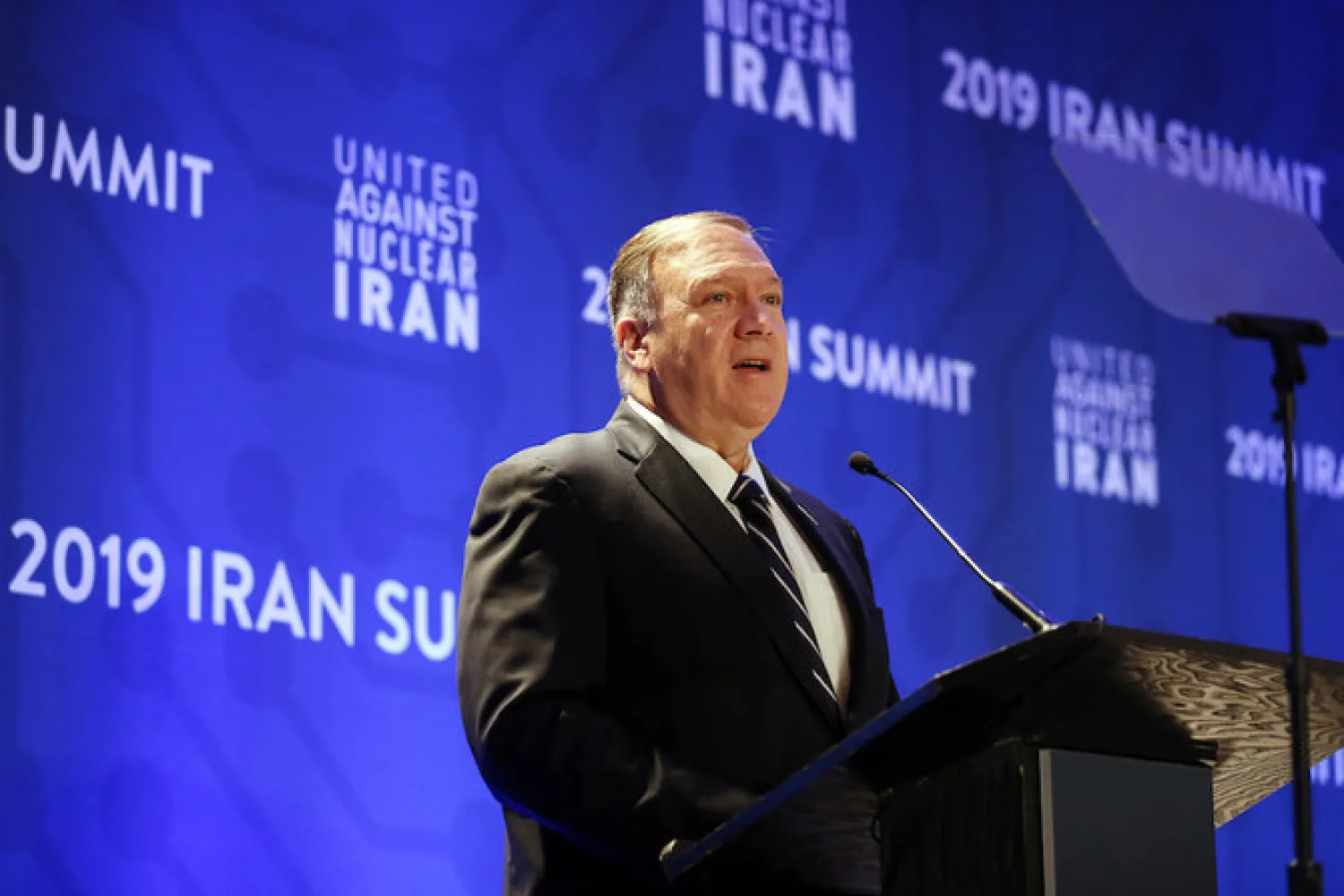 US Secretary of State Mike Pompeo delivers remarks during the United Against Nuclear Iran summit, Sept. 25, 2019, in New York. (AP)
