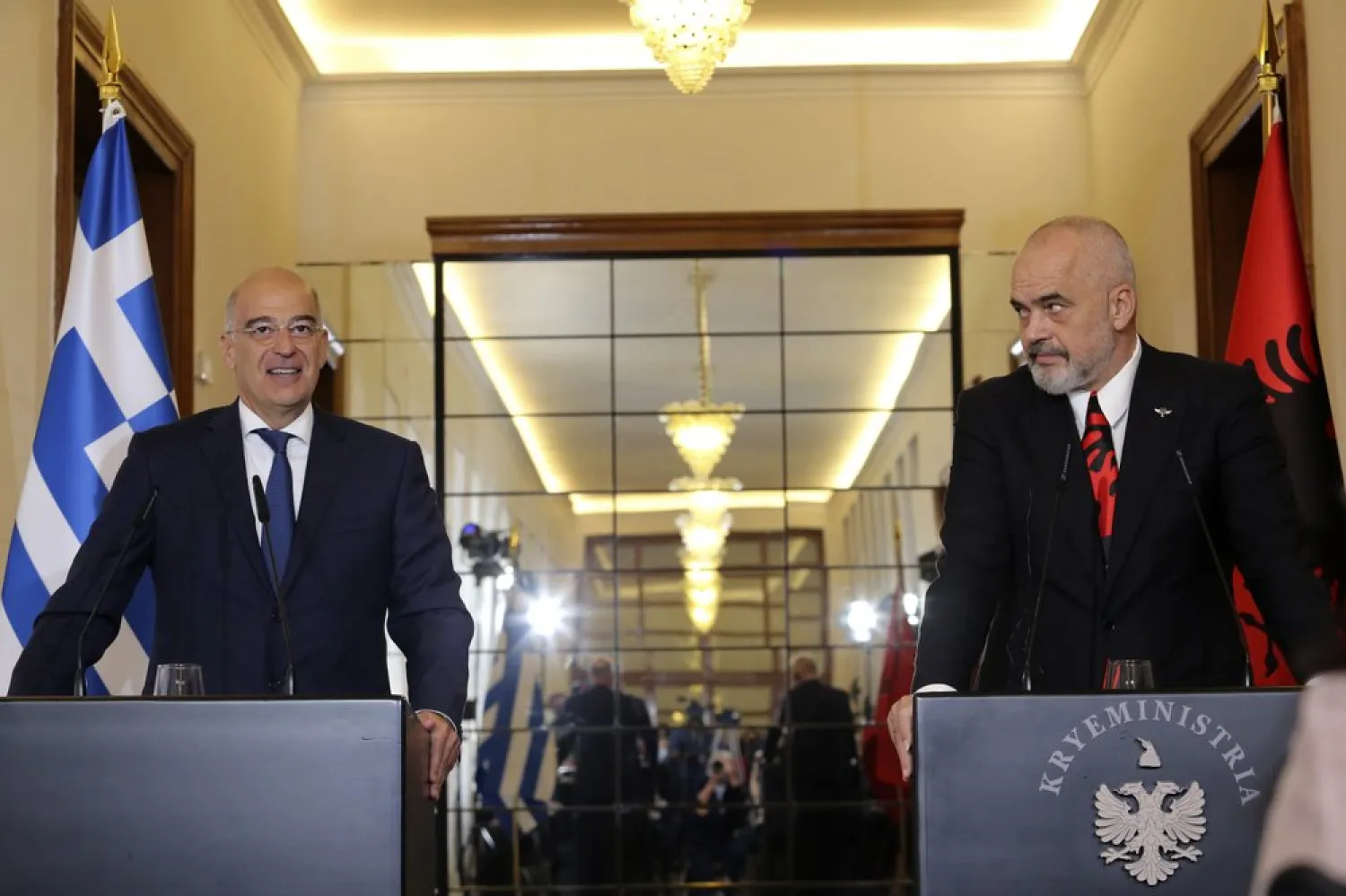Greek Foreign Minister Nikos Dendias, left, makes a statement with the Albanian Prime Minister Edi Rama in Tirana, Tuesday, Oct. 20, 2020. (AP)