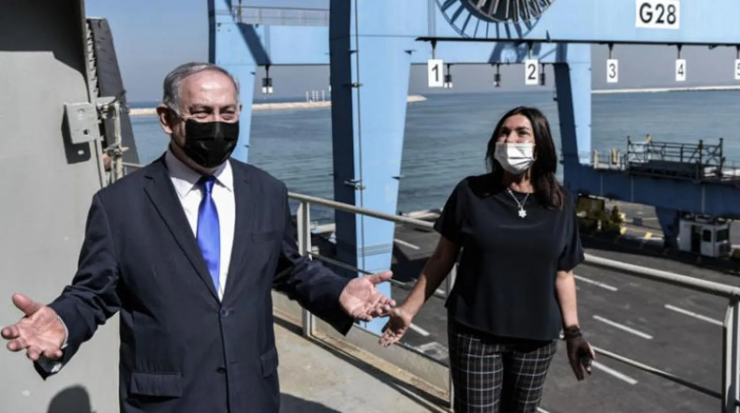 Israeli Prime Minister Benjamin Netanyahu accompanied by Transportation Minister Miri Regev on Monday, October 19, 2020 at Haifa Port (DPA) 