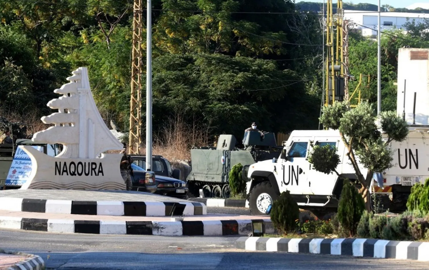 Vehicles of the UN peacekeeping force (UNIFIL) are pictured in the southernmost area of Naqoura, by the border with Israel, where talks between Israel and Lebanon took place on October 14. (AFP)