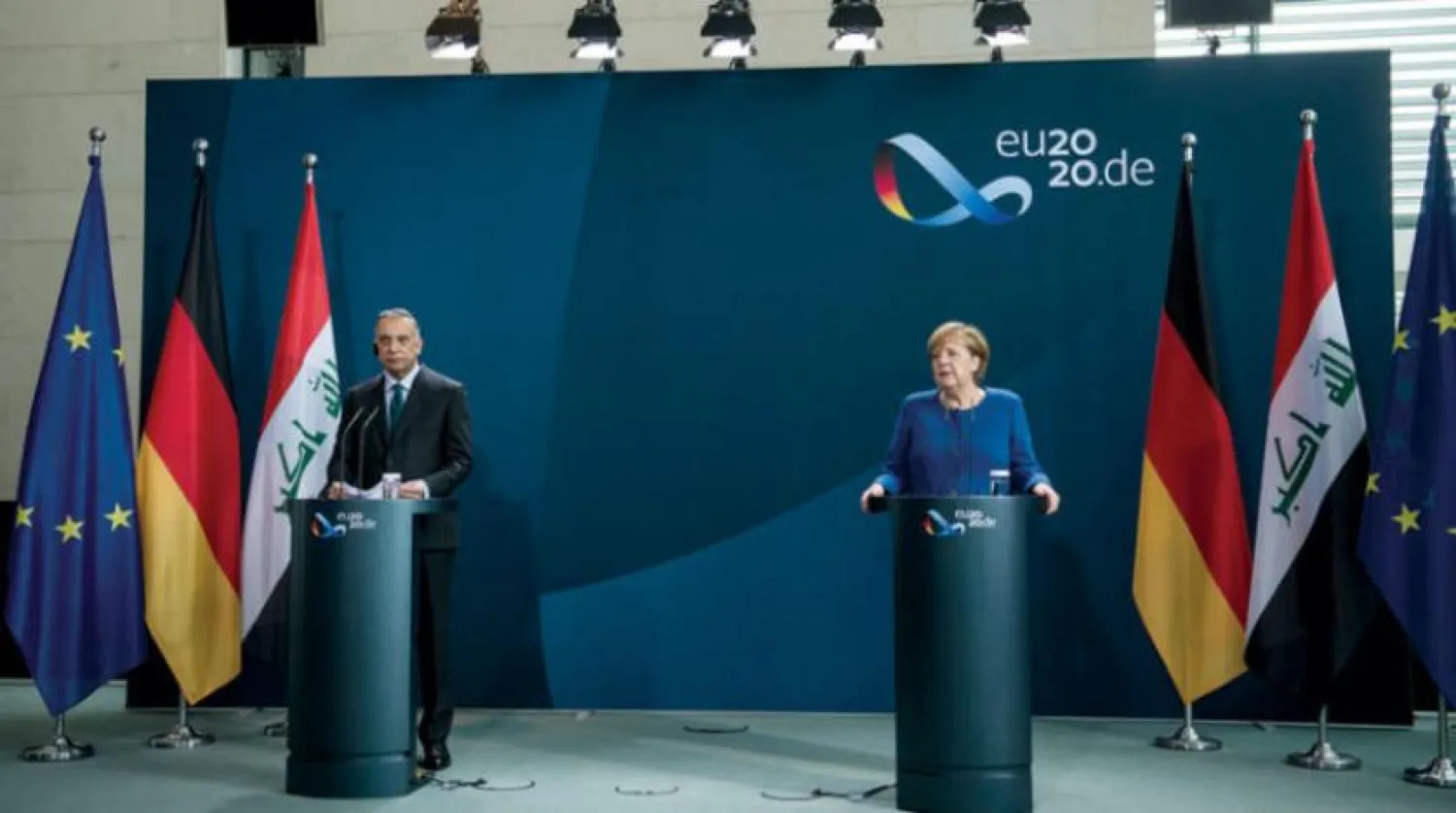 Iraqi Prime Minister Mustafa Al-Kadhimi and German Chancellor Angela Merkel during a joint press conference in Berlin | AP 