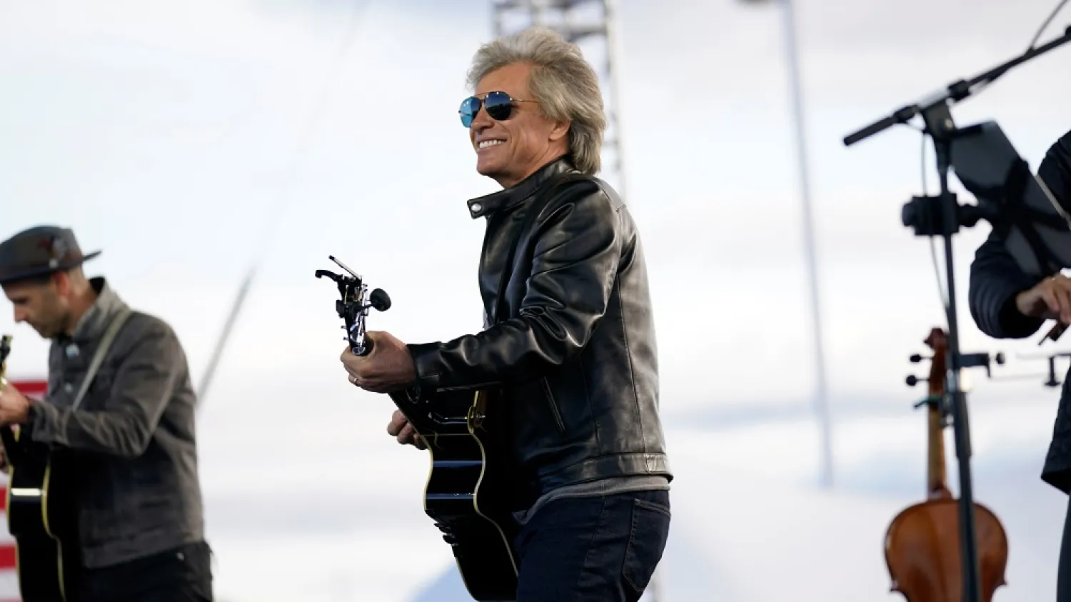 Musician Jon Bon Jovi performs at a campaign event for Democratic presidential candidate former Vice President Joe Biden at Dallas High School in Dallas, Pa., Oct. 24, 2020. (AP)