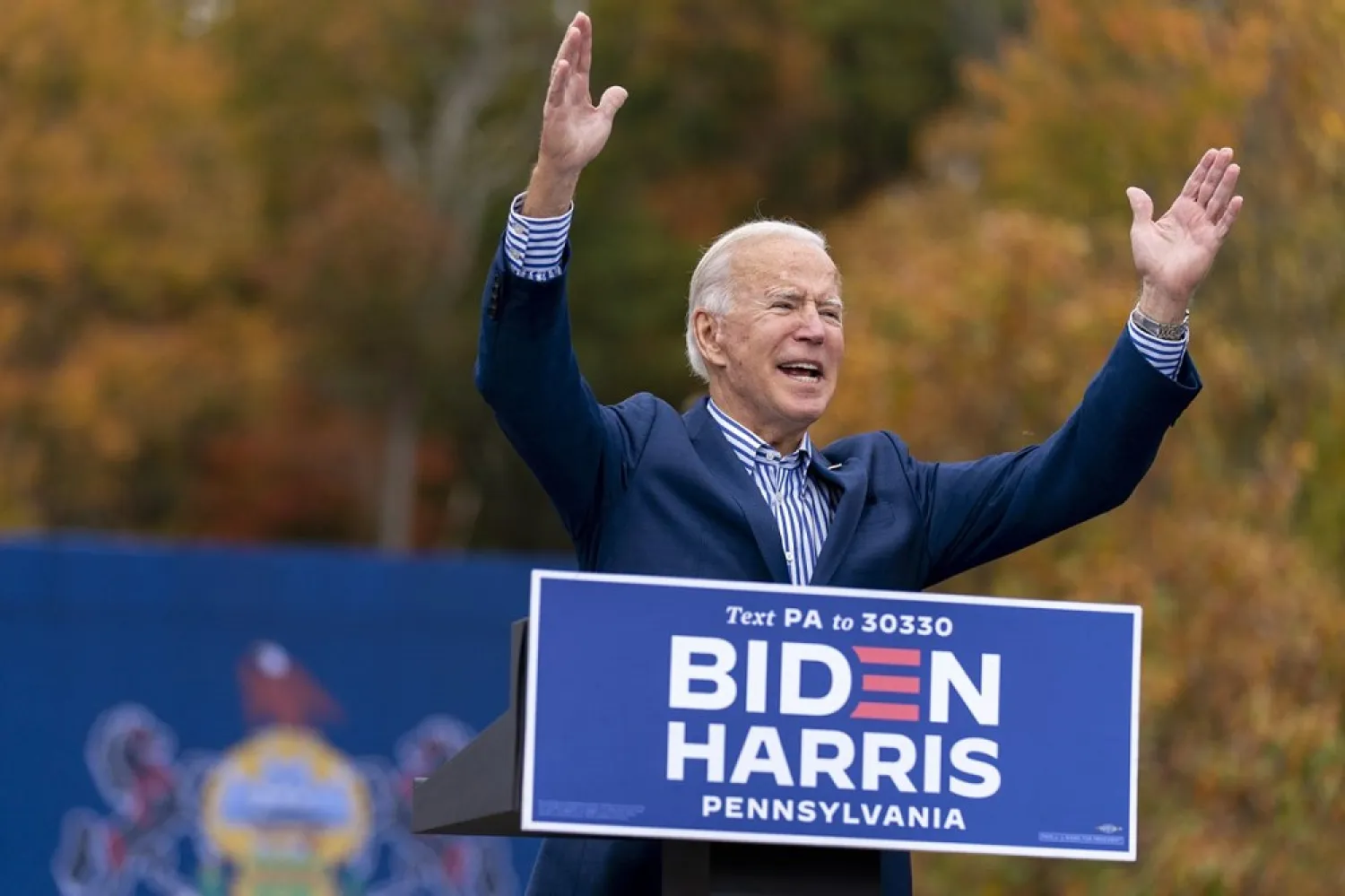 Democratic presidential candidate former Vice President Joe Biden speaks at a drive-in campaign stop at Bucks County Community College in Bristol, Pa., Oct. 24, 2020. (AP)