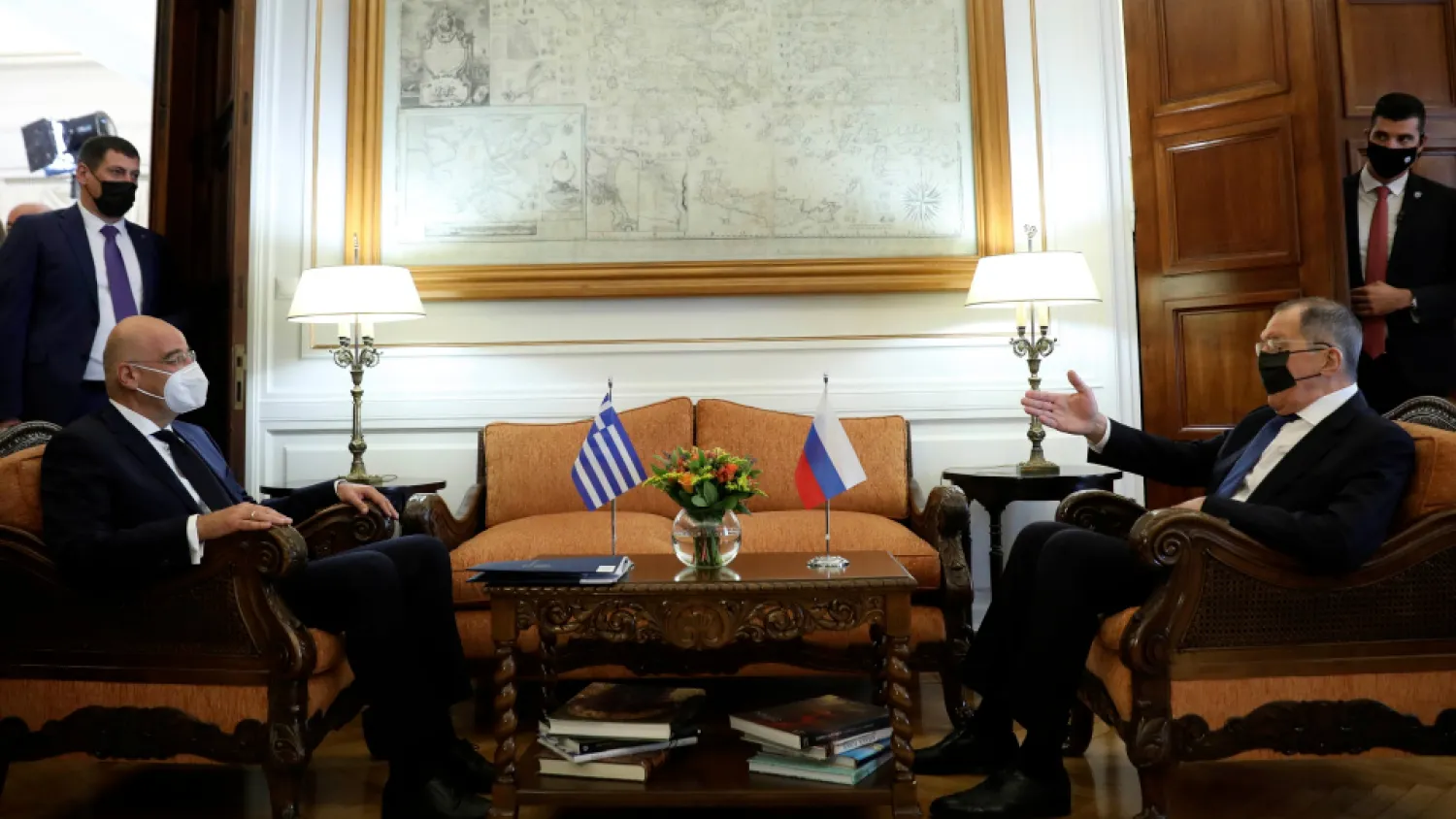 Greek Foreign Minister Nikos Dendias, left, listens his Russian counterpart Sergei Lavrov during their meeting in Athens, Monday, Oct. 26, 2020. (AP)