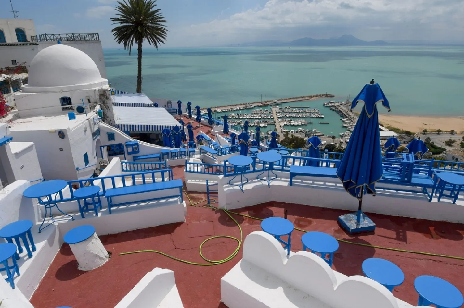 An empty cafe in the village of Sidi Bou Said, northeast of Tunis, deserted amid the pandemic. (AFP)