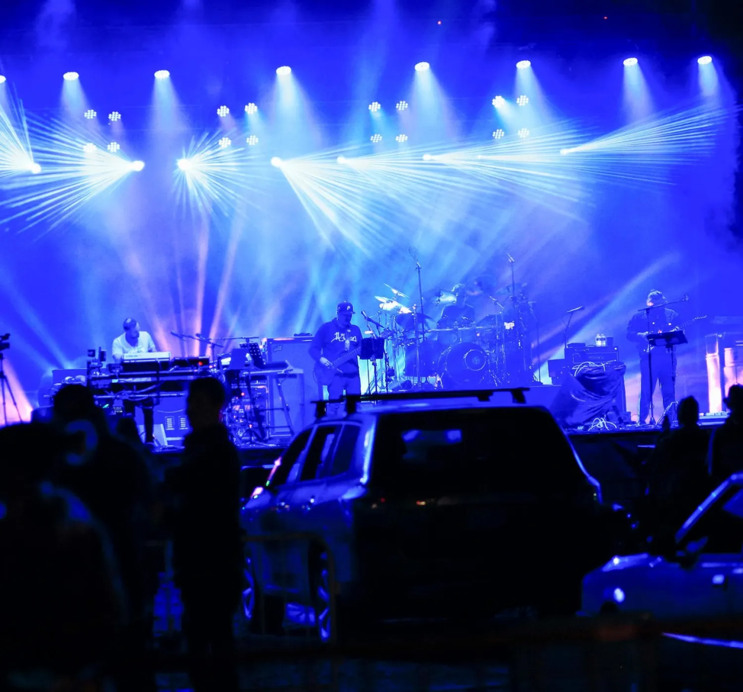 The band Disco Biscuits performs at a drive-in rave in Scranton, Pennsylvania, on October 23, 2020. (AFP)