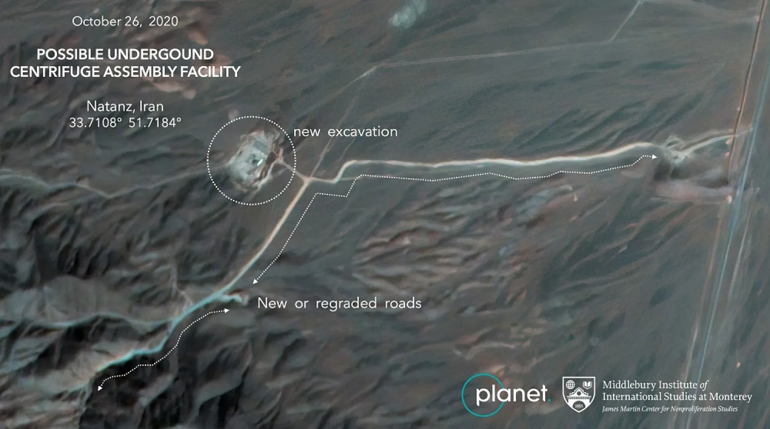This Oct. 26, 2020, satellite image that has been annotated by experts at the James Martin Center for Nonproliferation Studies at Middlebury Institute of International Studies shows construction at the Natanz nuclear facility. (Planet Labs Inc. via AP)
