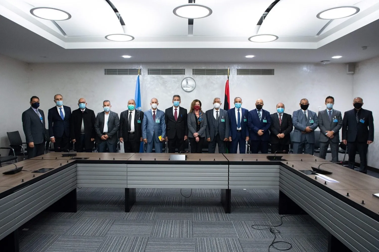 UN envoy to Libya Stephanie Williams and representatives of the rival factions in the Libya conflict, Geneva, Oct. 19, 2020. (AFP)