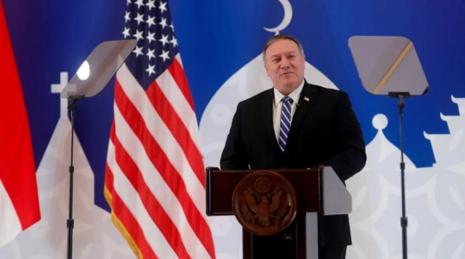 US Secretary of State Mike Pompeo (C) speaks to Muslim youth leaders in Jakarta, Indonesia, 29 October 2020. EPA/ADI WEDA