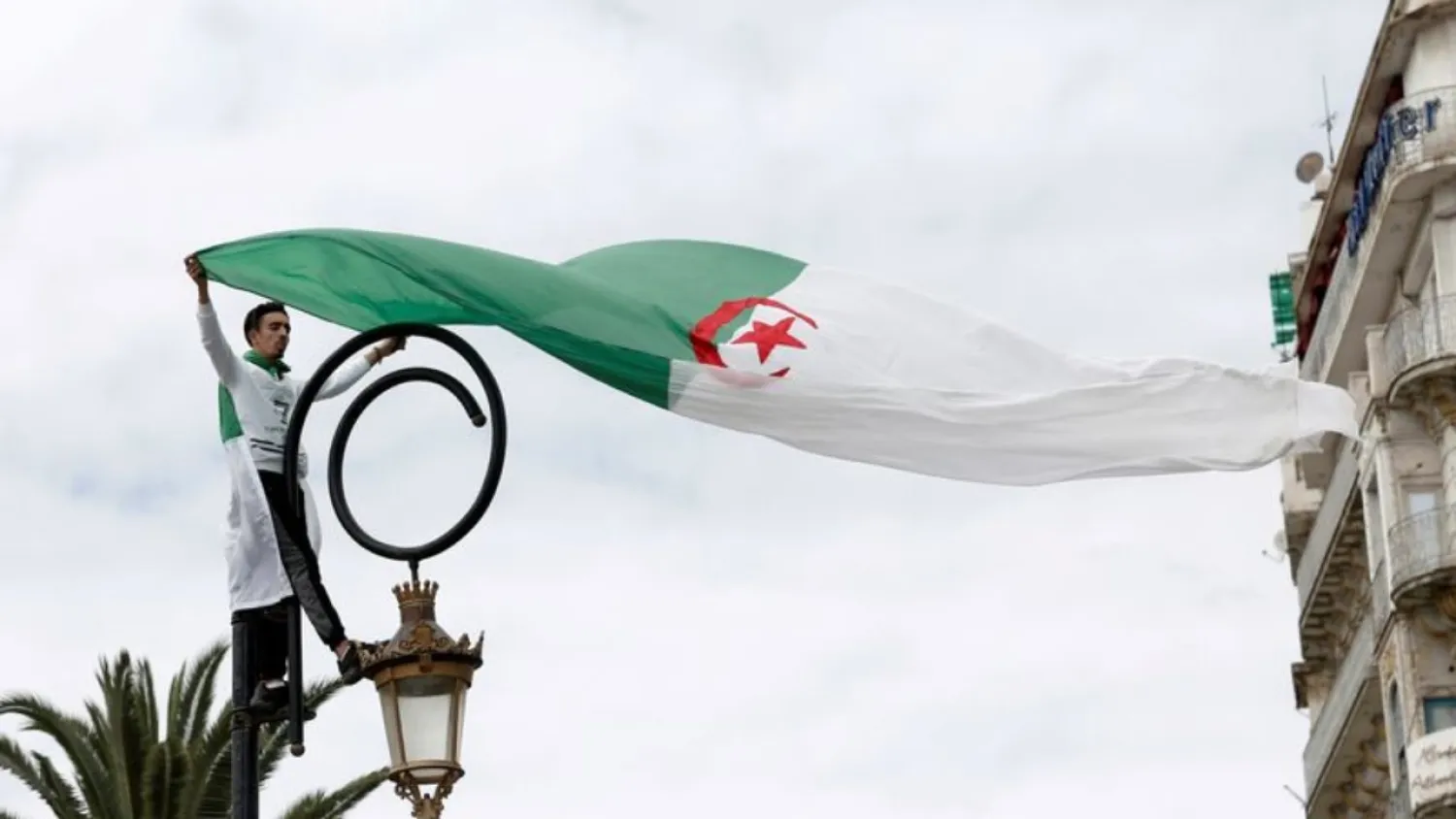 A demonstrator stands on a street pole as he carries a national flag during a protest to push for the removal of the current political structure, in Algiers, Algeria April 5, 2019. (Reuters)