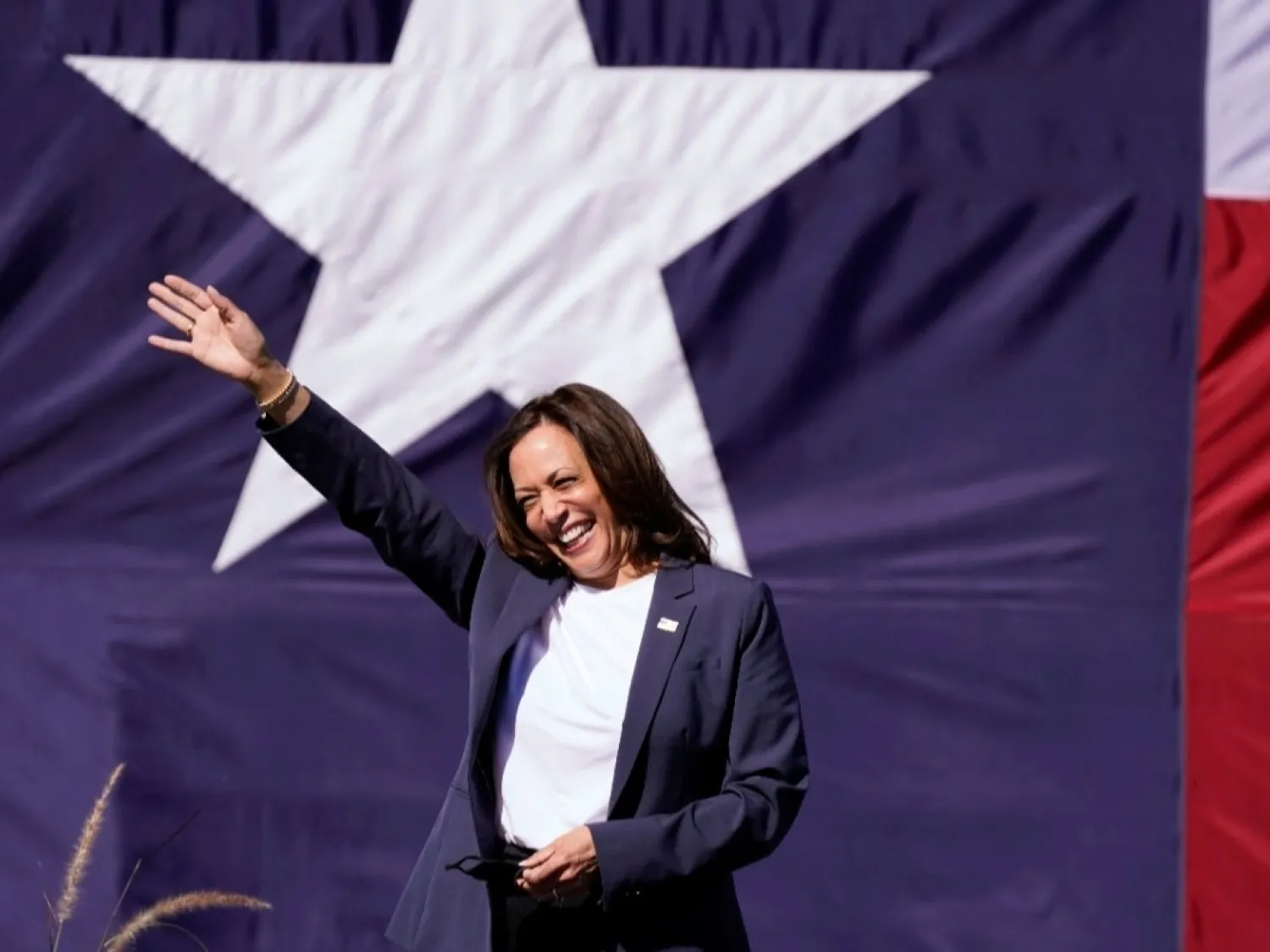 Democratic vice-presidential candidate Sen. Kamala Harris waves to supporters at campaign event, Oct. 30, 2020, in Fort Worth, Texas. (AP)