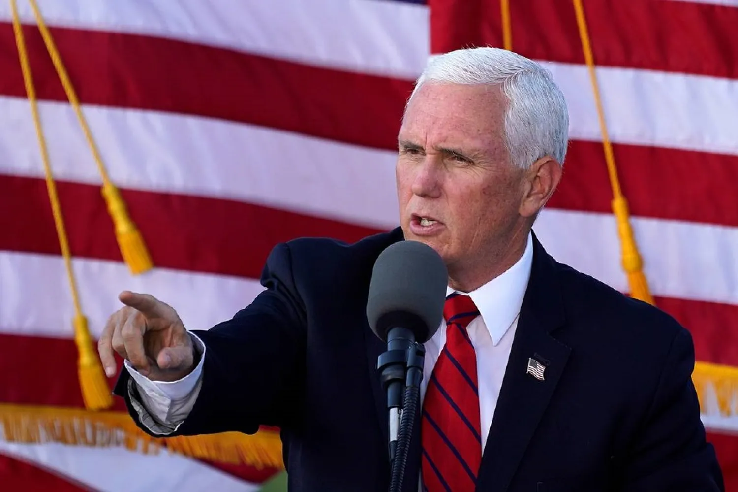 US Vice President Mike Pence delivers remarks at a campaign rally at Allegheny County Airport in West Mifflin, Pa, Oct. 23, 2020. (AP)
