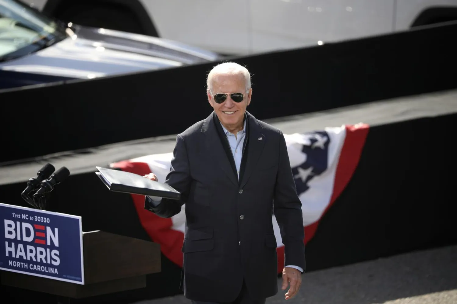 US Democratic presidential candidate Joe Biden delivers remarks at a voter mobilization event at Riverside High School in Durham, North Carolina, US, October 18, 2020. REUTERS/Tom Brenner