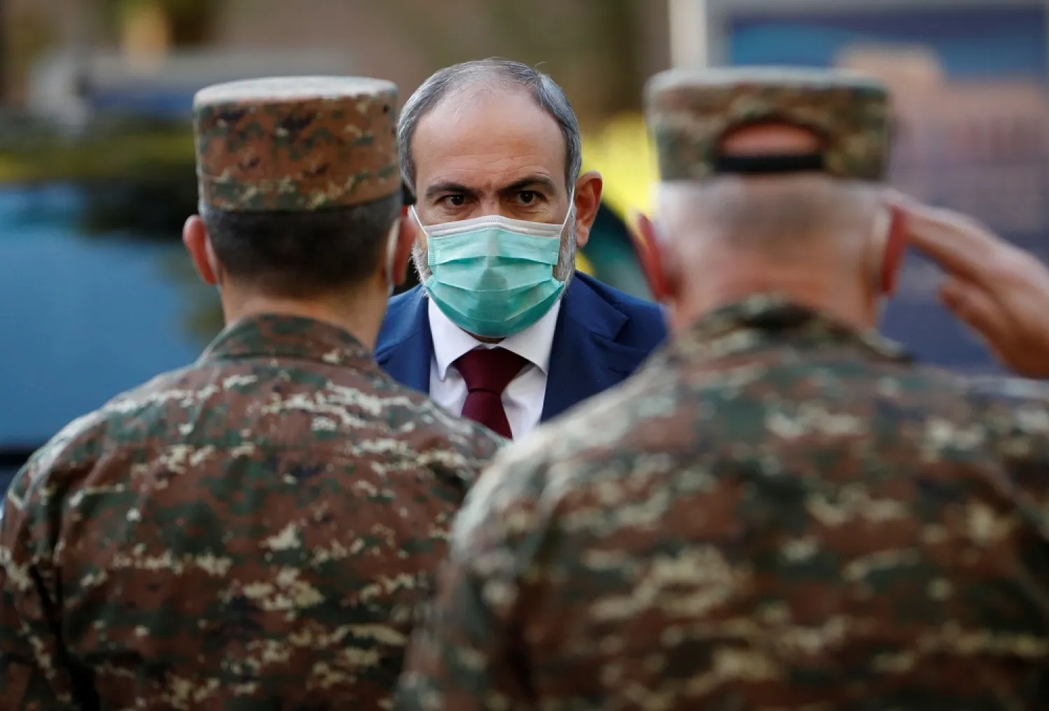 Armenian Prime Minister Nikol Pashinyan visits the Central Clinical Military Hospital of the Armenian Defense Ministry in Yerevan, Armenia October 23, 2020. (Reuters)